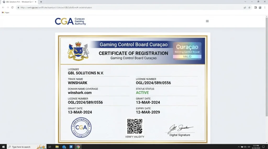 Zertifikatsseite der Curaçao Gaming Authority für winshark.com mit Betreiber- und Lizenzangaben