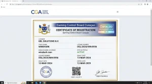 Zertifikatsseite der Curaçao Gaming Authority für winshark.com mit Betreiber- und Lizenzangaben