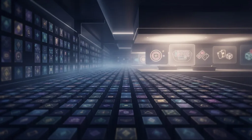 Dunkle digitale Spielebibliothek mit abstrakten Kacheln für Slots und Live-Tische