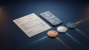 Neutrale Darstellung von Banküberweisung, digitaler Wallet und drei Kryptowährungswegen auf dunklem Hintergrund